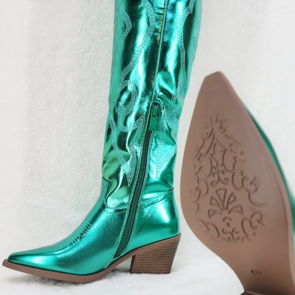 Country Disco Cowboy Metallic Green Western Cowgirl OTK Thigh Boots New - Picture 8 of 15